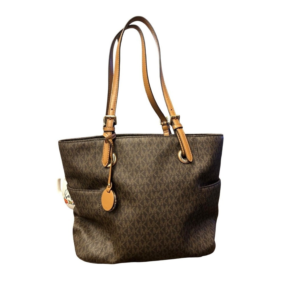 Michael Kors Voyager Brown MK Monogram Signature Tote Bag Gold Hardware